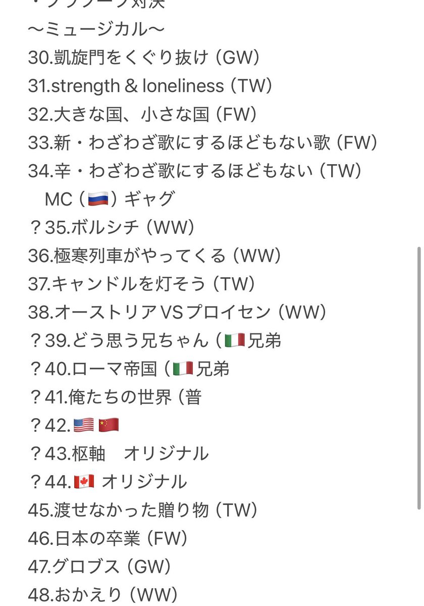 emito0402's tweet image. ヘタコンについて
※ネタバレ注意

まだ確認中の曲もあるけど
素人が一生懸命セトリをまとめました！

参考程度にどうぞ！

間違えてたらごめんなさい🙏

数字の前に「？」が付いてるのが確認中

#ヘタミュ
#ヘタリア
#TWC