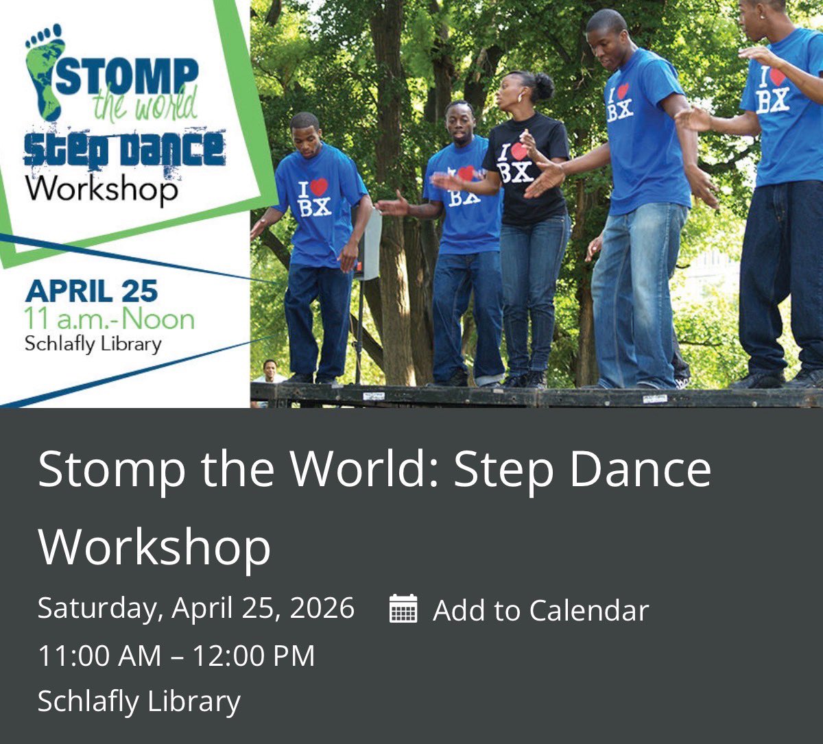 stomptheworld's tweet image. One week from today (4/25). Give this #free Step class a try. #stlouis #stlnonprofit #stlcity #stlcitylibrary