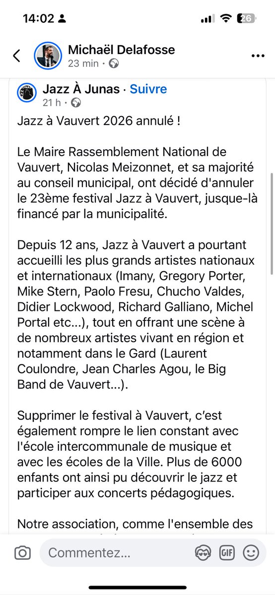 MDelafosse's tweet photo. 1 er acte de l’extrême droite gagnant une mairie, massacrer la culture. 
Soutien total aux équipes de Jazz à Junas. Bravo au élus du département du Gard, la région occitanie et à la commune de Vergeze de venir en soutien.  Je veux saluer le rôle décisif de mon ami Patrick Malavieille. 

À Montpellier, fidélité à un choix celui d’une ville qui mise sur la culture,  sur l’émancipation, la créativité et la liberté. Dans un contexte financier pourtant très contraint — baisse des dotations de l’État, explosion des coûts de l’énergie, hausse des taux d’intérêt — nous avons décidé de sanctuariser les moyens dédiés à la culture.

C’est un choix politique clair. Un acte de résistance face à la montée des forces réactionnaires à l’œuvre partout dans le monde.

Merci aux élus et aux citoyens qui ont soutenu cette orientation, et à celles et ceux qui ont voté ce budget pour la rendre possible.

À ceux qui se trompent d’adversaire : regardez lucidement ce que produit l’extrême droite, ici et ailleurs.
L’extreme droite dans toute son œuvre, massacrer la culture. 
Il y a encore un mois, ce territoire portait une autre histoire, une autre direction.