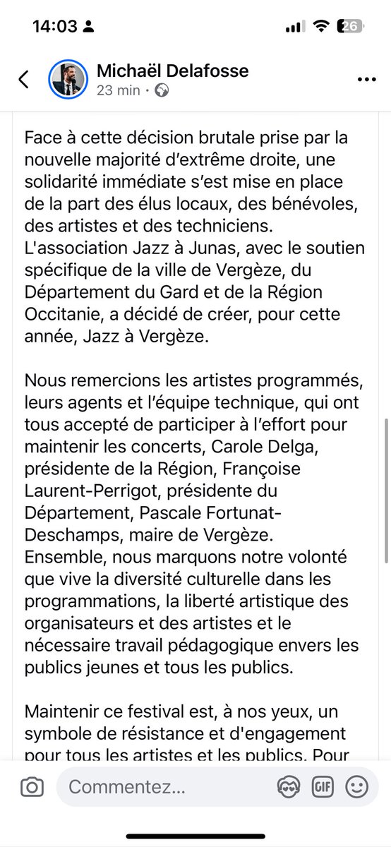 MDelafosse's tweet photo. 1 er acte de l’extrême droite gagnant une mairie, massacrer la culture. 
Soutien total aux équipes de Jazz à Junas. Bravo au élus du département du Gard, la région occitanie et à la commune de Vergeze de venir en soutien.  Je veux saluer le rôle décisif de mon ami Patrick Malavieille. 

À Montpellier, fidélité à un choix celui d’une ville qui mise sur la culture,  sur l’émancipation, la créativité et la liberté. Dans un contexte financier pourtant très contraint — baisse des dotations de l’État, explosion des coûts de l’énergie, hausse des taux d’intérêt — nous avons décidé de sanctuariser les moyens dédiés à la culture.

C’est un choix politique clair. Un acte de résistance face à la montée des forces réactionnaires à l’œuvre partout dans le monde.

Merci aux élus et aux citoyens qui ont soutenu cette orientation, et à celles et ceux qui ont voté ce budget pour la rendre possible.

À ceux qui se trompent d’adversaire : regardez lucidement ce que produit l’extrême droite, ici et ailleurs.
L’extreme droite dans toute son œuvre, massacrer la culture. 
Il y a encore un mois, ce territoire portait une autre histoire, une autre direction.
