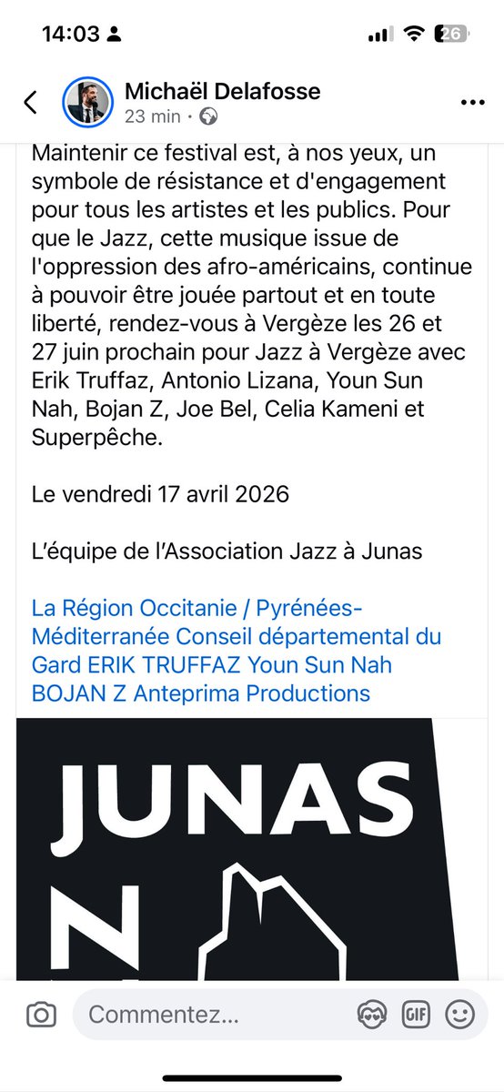 MDelafosse's tweet photo. 1 er acte de l’extrême droite gagnant une mairie, massacrer la culture. 
Soutien total aux équipes de Jazz à Junas. Bravo au élus du département du Gard, la région occitanie et à la commune de Vergeze de venir en soutien.  Je veux saluer le rôle décisif de mon ami Patrick Malavieille. 

À Montpellier, fidélité à un choix celui d’une ville qui mise sur la culture,  sur l’émancipation, la créativité et la liberté. Dans un contexte financier pourtant très contraint — baisse des dotations de l’État, explosion des coûts de l’énergie, hausse des taux d’intérêt — nous avons décidé de sanctuariser les moyens dédiés à la culture.

C’est un choix politique clair. Un acte de résistance face à la montée des forces réactionnaires à l’œuvre partout dans le monde.

Merci aux élus et aux citoyens qui ont soutenu cette orientation, et à celles et ceux qui ont voté ce budget pour la rendre possible.

À ceux qui se trompent d’adversaire : regardez lucidement ce que produit l’extrême droite, ici et ailleurs.
L’extreme droite dans toute son œuvre, massacrer la culture. 
Il y a encore un mois, ce territoire portait une autre histoire, une autre direction.