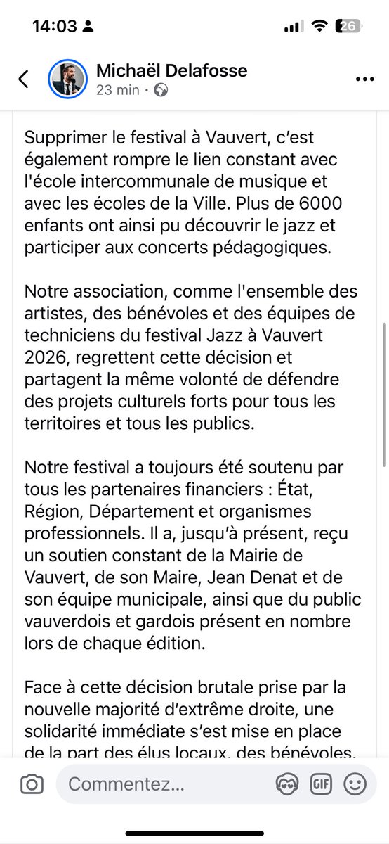 MDelafosse's tweet photo. 1 er acte de l’extrême droite gagnant une mairie, massacrer la culture. 
Soutien total aux équipes de Jazz à Junas. Bravo au élus du département du Gard, la région occitanie et à la commune de Vergeze de venir en soutien.  Je veux saluer le rôle décisif de mon ami Patrick Malavieille. 

À Montpellier, fidélité à un choix celui d’une ville qui mise sur la culture,  sur l’émancipation, la créativité et la liberté. Dans un contexte financier pourtant très contraint — baisse des dotations de l’État, explosion des coûts de l’énergie, hausse des taux d’intérêt — nous avons décidé de sanctuariser les moyens dédiés à la culture.

C’est un choix politique clair. Un acte de résistance face à la montée des forces réactionnaires à l’œuvre partout dans le monde.

Merci aux élus et aux citoyens qui ont soutenu cette orientation, et à celles et ceux qui ont voté ce budget pour la rendre possible.

À ceux qui se trompent d’adversaire : regardez lucidement ce que produit l’extrême droite, ici et ailleurs.
L’extreme droite dans toute son œuvre, massacrer la culture. 
Il y a encore un mois, ce territoire portait une autre histoire, une autre direction.
