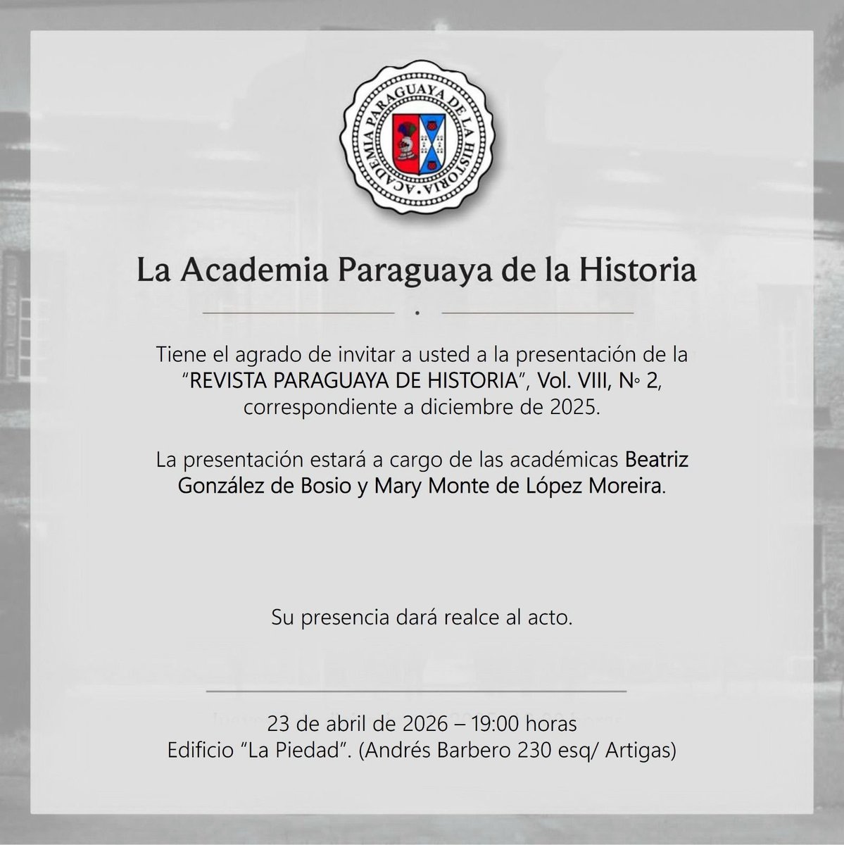 ClaudioJFuentes's tweet photo. Este jueves 23 de abril a las 19:00 hs. la Academia Paraguaya de la Historia realizará el lanzamiento de la Revista Paraguaya de Historia, Volumen VIII, Número 2, diciembre 2025:

Entrada libre y gratuita. https://t.co/O2LWjkgQ8N