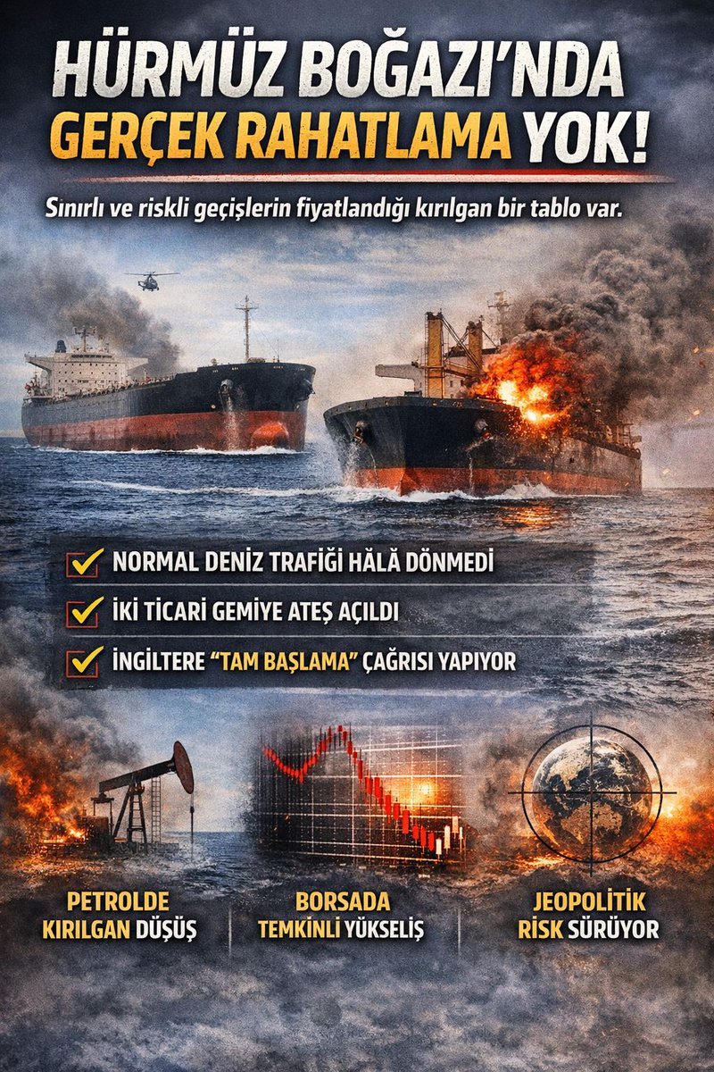 ndegitim's tweet photo. Hürmüz Boğazı’nda henüz gerçek bir rahatlama yok.
Piyasadaki kısa süreli iyimserlik, boğazın tamamen açılmasından değil; sınırlı ve kontrollü geçiş ihtimalinin fiyatlanmasından kaynaklanıyor.

Reuters’a göre 18 Nisan itibarıyla normal deniz trafiği tam olarak dönmedi. İngiltere “tam yeniden başlama” çağrısı yaparken, boğazdan geçmeye çalışan en az iki ticari geminin ateş altında kaldığı bildirildi.

Yani piyasadaki ilk tepki
“risk bitti” değil,
“arz tamamen kesilmeyebilir” beklentisi.

Petrol ve borsalardaki anlık rahatlama, sahadaki düzelmeden değil; en kötü senaryonun şimdilik ötelenmiş olabileceği düşüncesinden besleniyor.
Ama jeopolitik risk hâlâ masada.