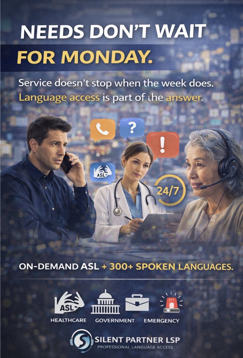 Silentpartlsp's tweet image. Needs don’t wait for Monday. If you serve people in real time, language access has to be ready too. Silent Partner LSP provides on-demand ASL + 300+ spoken languages for customers, patients, members, guests, and communities. #LanguageAccess #ASL #CustomerExperience