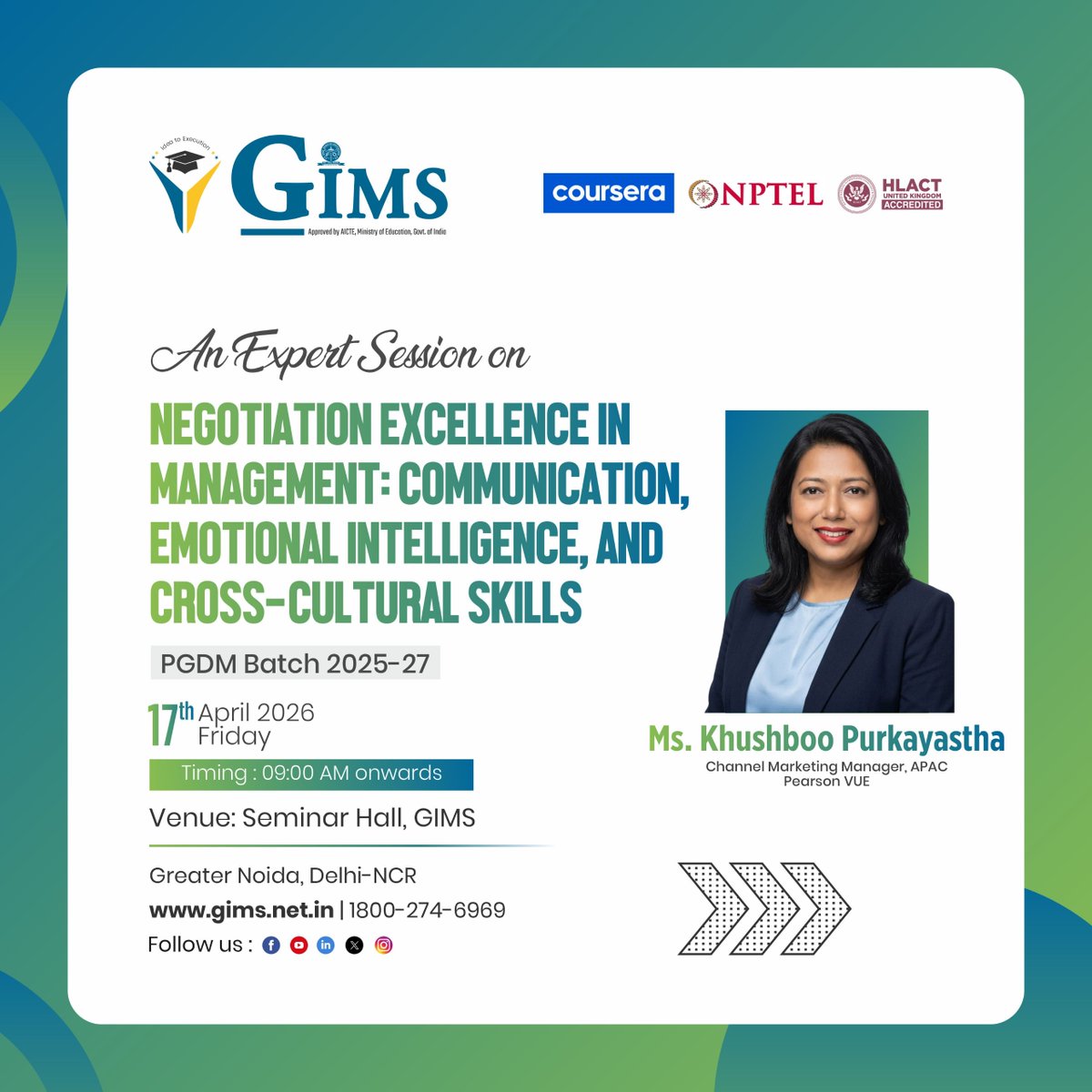 GNIOTCollege's tweet image. Expert session at GIMS on negotiation excellence led by Khushboo Purkayastha focusing on communication emotional intelligence and cross cultural skills for future managers
 #GIMS #NegotiationSkills #EmotionalIntelligence #CommunicationSkills #ProfessionalGrowth