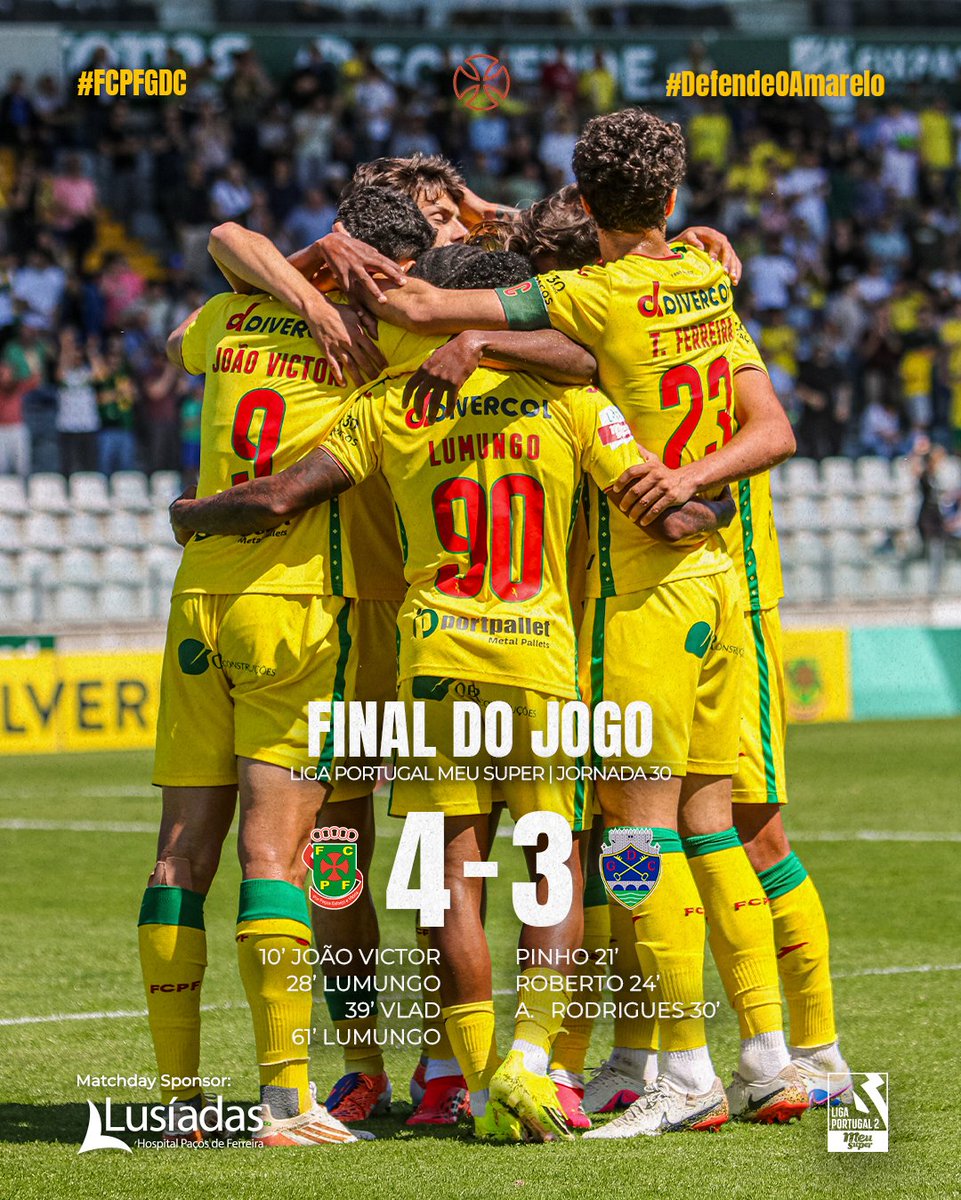 fcpf's tweet photo. #LigaPortugalMeuSuper | #FCPFGDC | 4-3 | 📣 90+8' JÁ ESTÁ! 👊 Os três pontos ficam na Mata Real! Obrigado a todos os Pacenses pelo apoio! É com todos até ao fim! 💪💛
⚽️ João Victor (10'), Lumungo (28' e 61') e Vlad (39')
#DefendeOAmarelo 🔰 https://t.co/0DHbVt4UuE