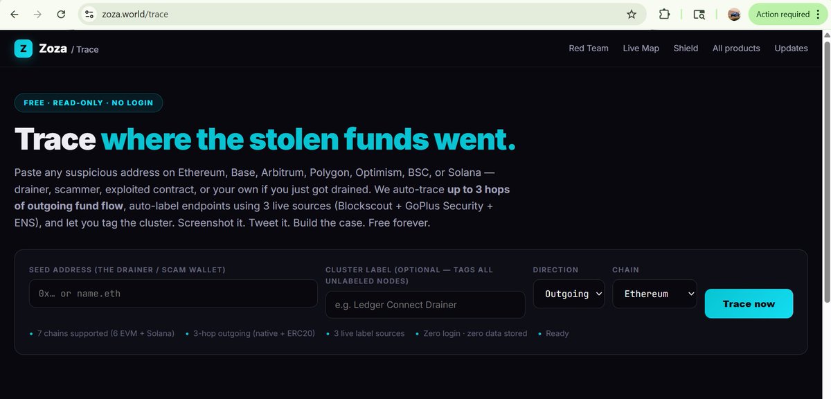 zoza_world's tweet photo. @zachxbt @RaveDAO @bitget @binance @Gate @heyibinance @GracyBitget https://t.co/61G8riqp0e     — paste any address, 3-hop auto-trace, endpoints auto-labeled. Free forever, no login. Made for CT investigations like this one. https://t.co/5vGwoWvuck
