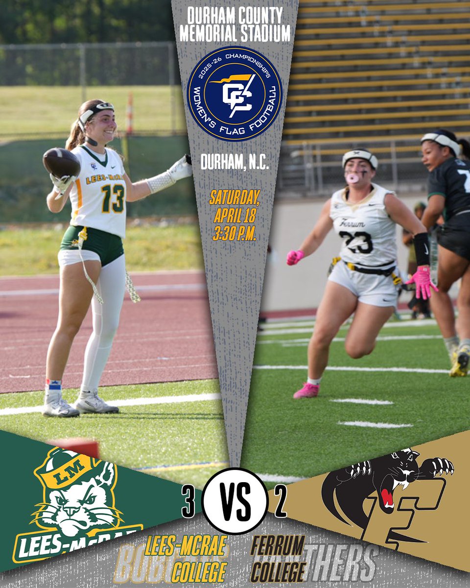 ConfCarolinas's tweet photo. SEMIFINAL SATURDAY! @LMCBobcats takes on @FerrumAthletics  in the second semifinal of the 2026 Conference Carolinas Women's Flag Football Championship! Catch all of the action on the Conference Carolinas Digital Network!

#LeadingTheWay https://t.co/kHCBXtW7gO