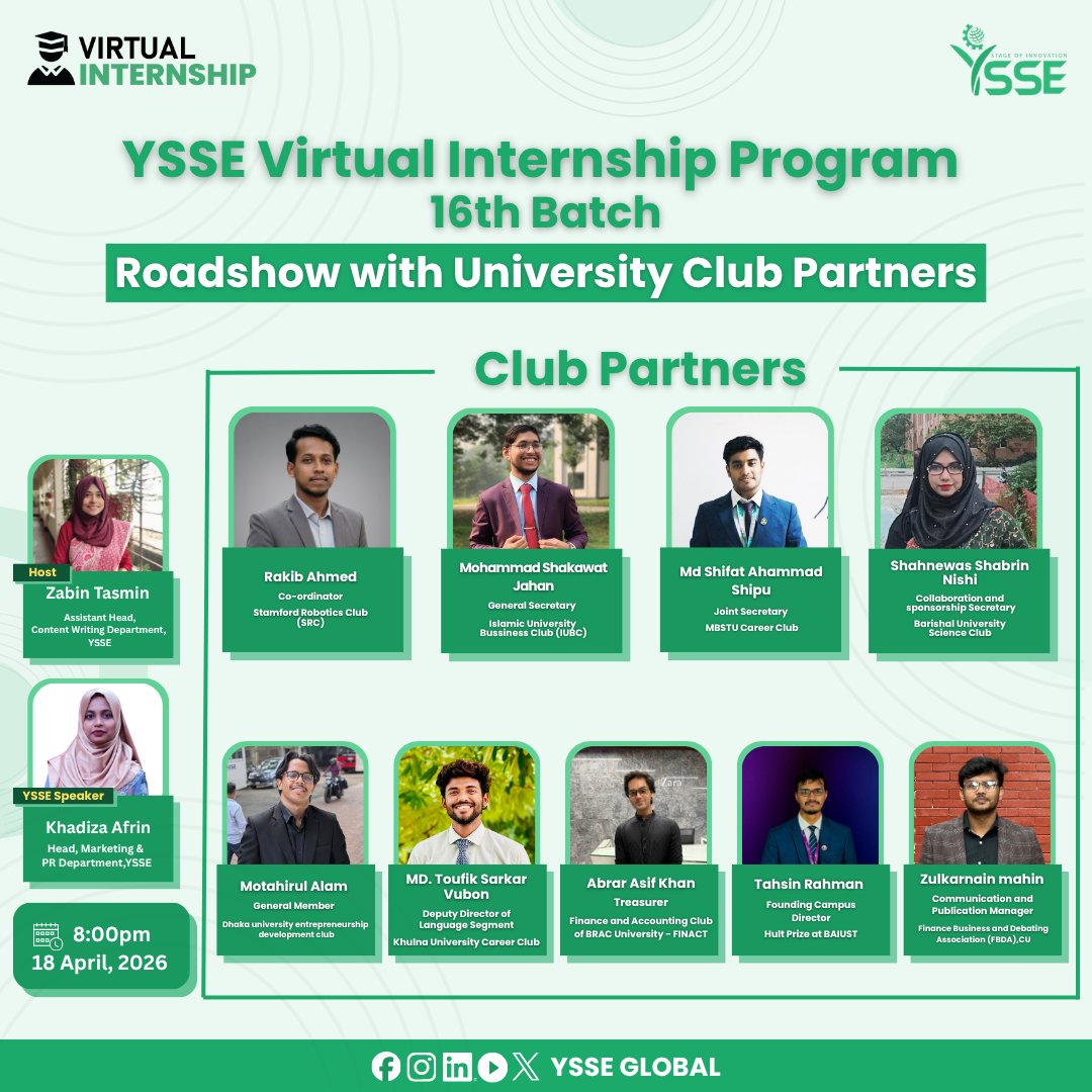 YSSEGLOBAL's tweet image. Unlock Your Potential: YSSE Virtual Internship Program (Batch 16) Roadshow! 🚀

#YSSE #VirtualInternship #Batch16 #CareerGrowth #GlobalOpportunities #Roadshow2026 #FutureLeaders