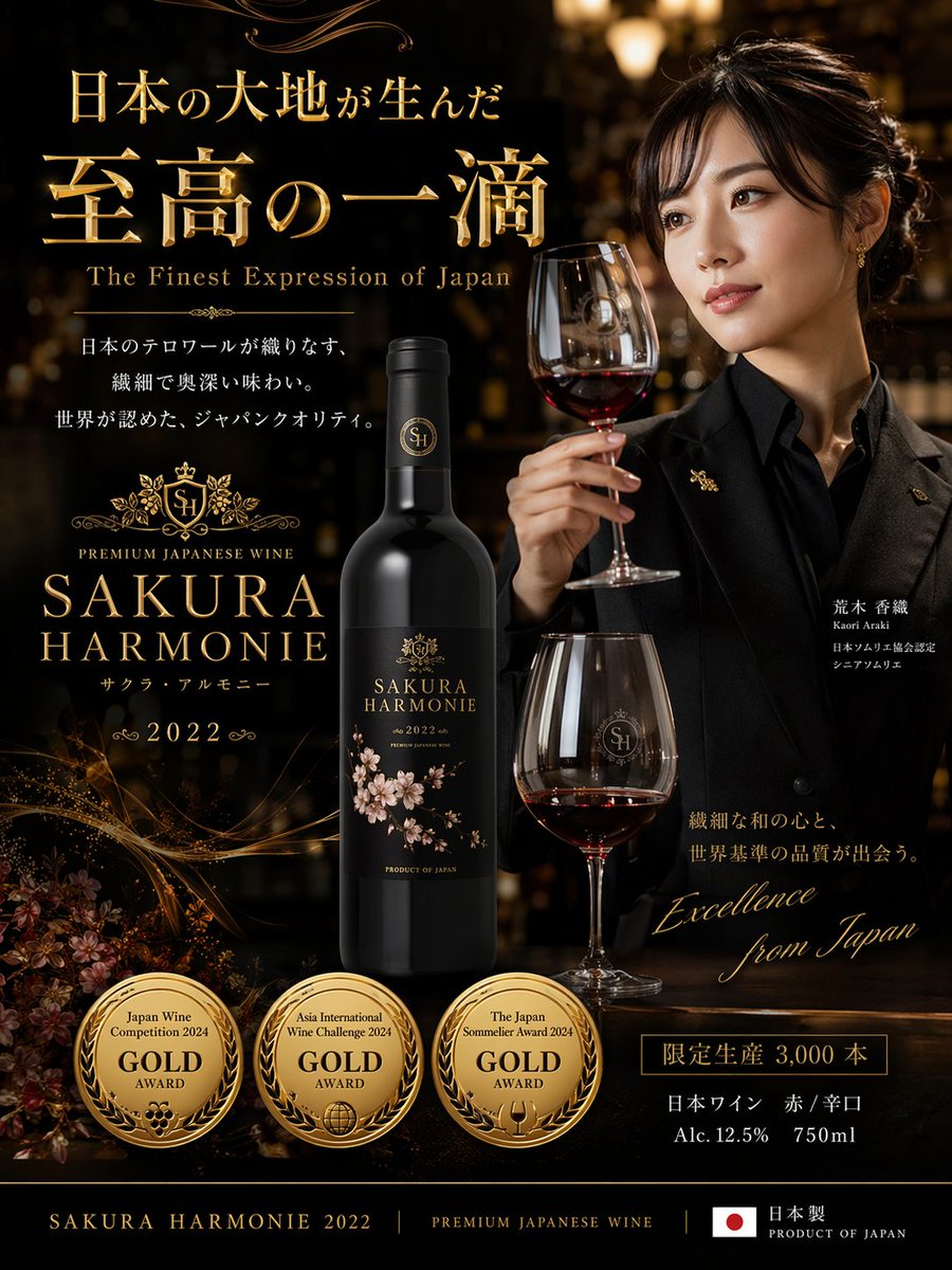 fang_ceo's tweet photo. ちょっと待ってGPT image2まじでやばい。笑
これポン出しですかwww

prompt:
日本製のワインの新製品用のpremiumポスターを3:4で作って。リアルで精密な今どきの可愛い日本人女性のエキスパートソムリエを1人配置。ゴージャスで立体感のあるリッチな装飾のゴールドフォントや日本語と英語を駆使し、とにかく豪華に。実在しない金賞メダル3種を並べて。