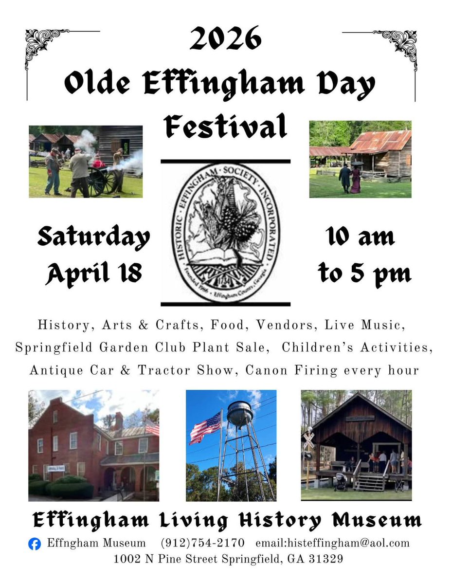 EffinghamEMA's tweet image. Olde Effingham Days Festival will be taking place today (Sat, April 18) in Springfield at the Effingham Museum from 10AM-5PM
👀 Watch for increased pedestrian traffic🚶‍♂️🚶‍♀️
#effinghamcountyga #springfieldga #oldeeffinghamdays #livinghistorymuseum