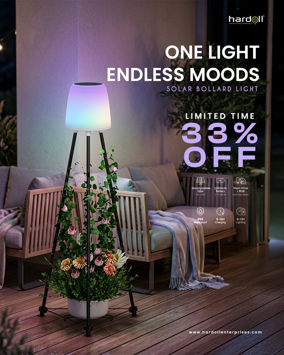 HardollEnterpr1's tweet image. Upgrade Your Outdoors with RGB Solar Lights – 33% OFF!
Warm white for calm nights or RGB for vibrant vibes
✔ Solar powered
✔ 2200mAh battery
✔ IP65 waterproof
✔ 8 - 12 hrs lighting
hardollenterprises.com/collections/so…
#SolarLights #RGBLighting #SmartLighting #Hardollsolarlights