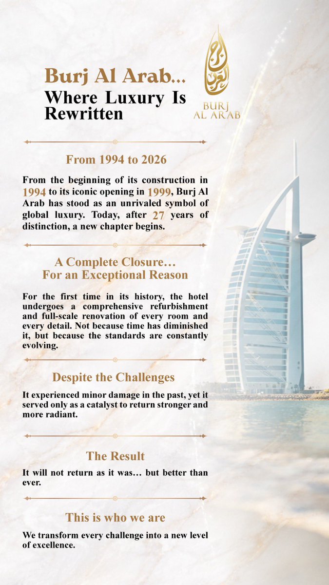 AltenaijiMusab's tweet image. Not a closure… it’s an UPGRADE 🔥
Burj Al Arab is about to redefine luxury—again.
From 1994 to 2026… and the story’s just getting started.
Get ready for the next level 👀✨
#BurjAlArab #Dubai #Luxury #Upgrade 
@UAEmediaoffice @DXBMediaOffice @DubaiPressClub