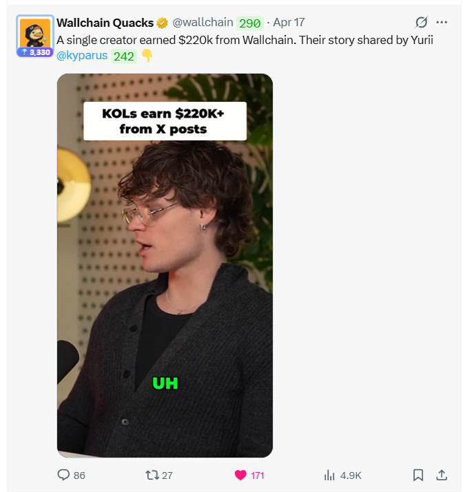 quackgrind's tweet photo. And this isn’t just theory.

A creator already earned $220K+ from X posts through @wallchain. Story shared by @kyparus.
Most people just aren’t paying attention yet.

https://t.co/foVEGF7O07 https://t.co/CuRGwPKQ7K