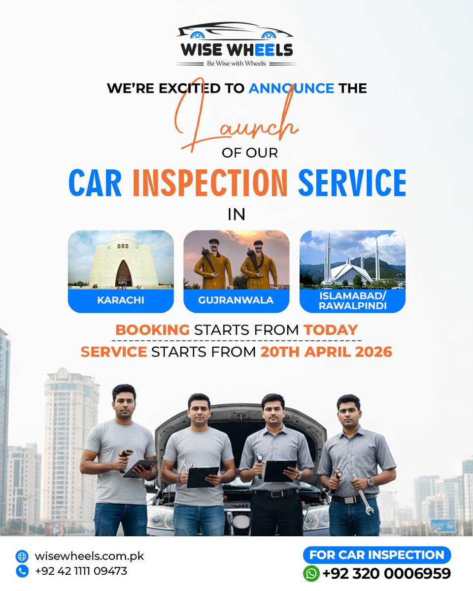 wise_wheels's tweet image. Drive smarter with Wise Wheels 
Expert car inspections you can trust, 200+ checkpoints covered
Now available in major cities, Book your inspection today!

#WiseWheels #CarInspection #AutoCare #PakistanCars #CarExperts #VehicleCheck #SafeDriving #CarMaintenance #InspectionService