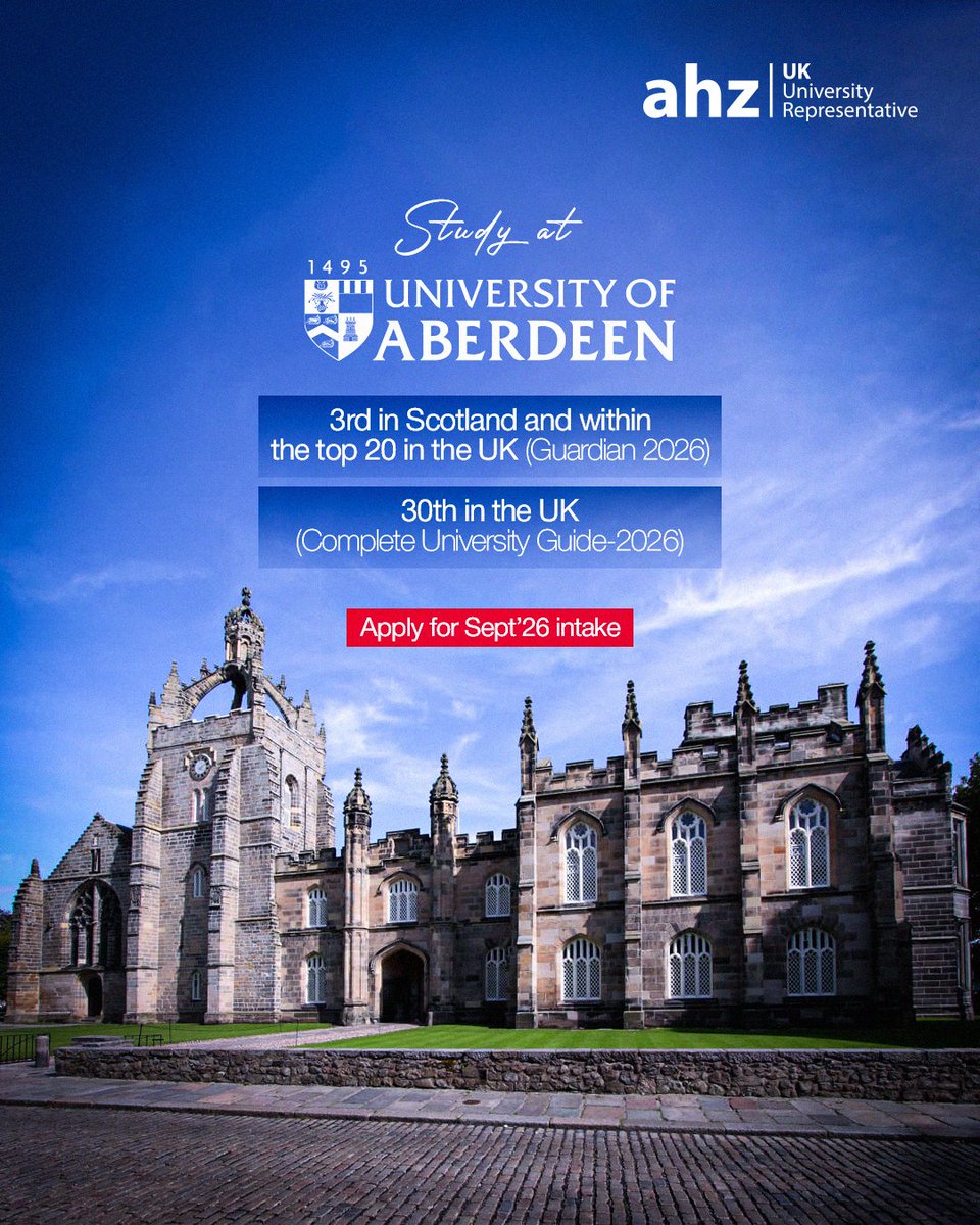 ahz_bangladesh's tweet image. University of Aberdeen, ranked Top 20 in the UK (Guardian 2026), is now accepting applications for Sept 2026 🎓Start your journey at one of Scotland’s top universities.

👉 Apply now: tinyurl.com/nhkn8ftz

#StudyInUK #UniversityOfAberdeen #AHZ