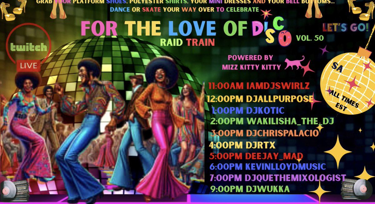 djAllpurpose's tweet image. For the love of #Disco 12 noon (est) s/o @i_am_mizzkittykitty 

[ Twitch.tv/djAllPurpose ]

#music #djs #livestream #djallpurpose #raidtrain