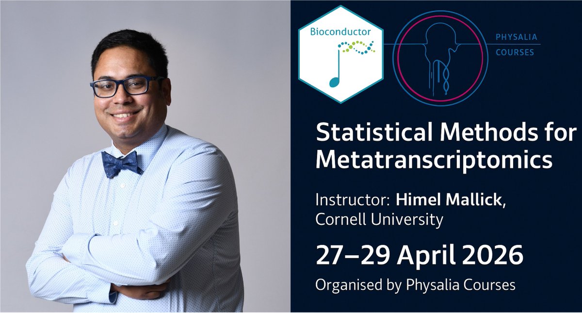 Mallick_Himel's tweet photo. Less than one week away! ๐
Joining forces with @Physacourses & @Bioconductor for the first edition of the #metatranscriptomics course.
Sponsored spots available for participants from LMICs - thanks to the @Bioconductor training committee. ๐
๐
April 27โ29, 2026 ๐
๐ https://t.co/ltRwmuDsWe
#Statistics #Biostatistics #Microbiome #Omics #DataScience