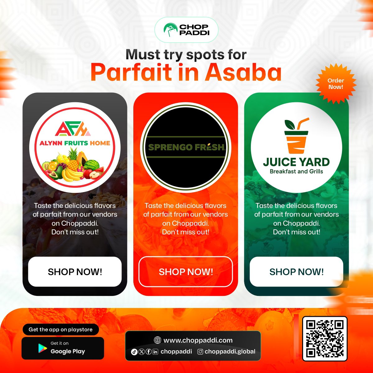 choppaddi's tweet image. Parfait lovers in Asaba, this is for you! ✨

Alynn Fruits Home, Sprengo Fresh &amp;amp; Juice Yard are all on Choppaddi. Order now!
choppaddi.com

#Choppaddi  #OrderNow #WeekendVibes