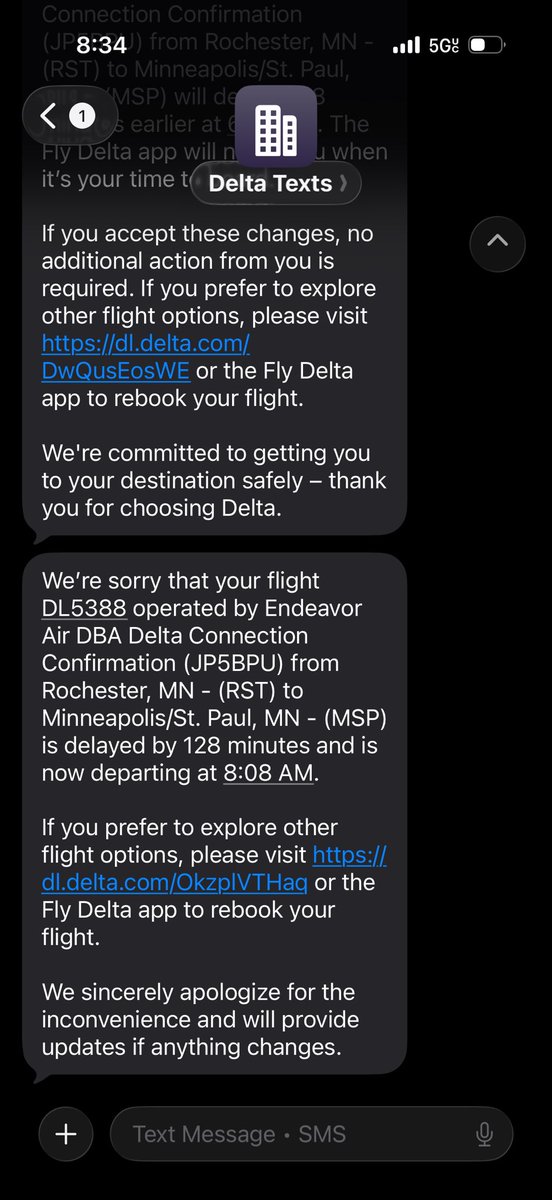 kaszfj's tweet image. @Delta I just love missing my flight home  when my flight leaves as scheduled after receiving this text the evening before @flyrst #disappointment #poorcustomerservice #terrible