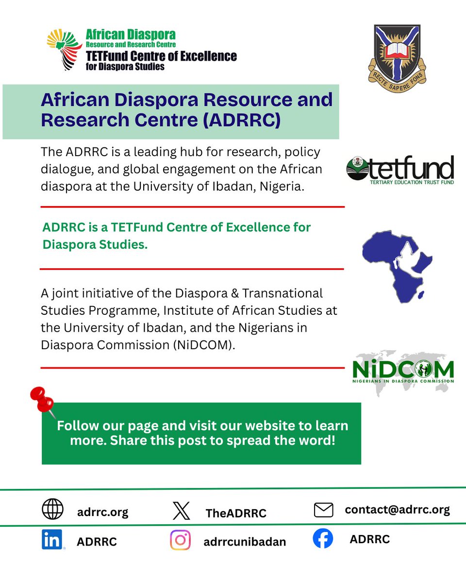 TheADRRC's tweet photo. Welcome to ADRRC 👋— a joint initiative of UI’s Diaspora/Transnational Studies Programme & Nigerians in Diaspora Commission. A Centre of Excellence advancing diaspora research, policy & global engagement.
Follow us for updates
#ADRRC #UniversityOfIbadan #NiDCOM #AfricanDiaspora https://t.co/wNt8t4ZWe5