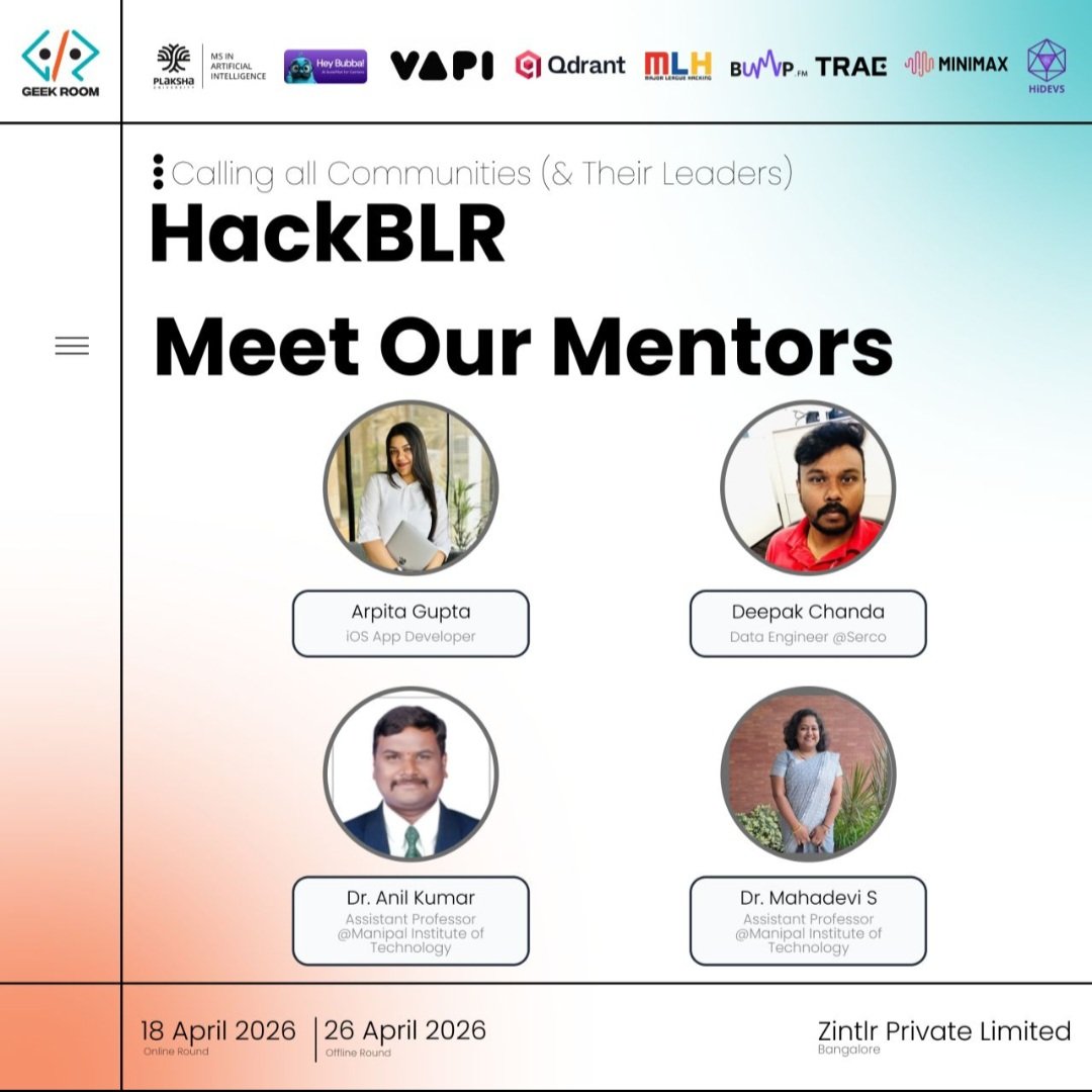 ArpitaGupta_01's tweet image. From building projects to now mentoring at HackBLR happening in Zintlr Private Limited, Bangalore… feels special 🌸

I’ll be joining as a mentor, guiding participants, sharing my journey, and learning along the way ⚡

Excited for this! 🚀

#HackBLR #Mentoring #TechCommunity