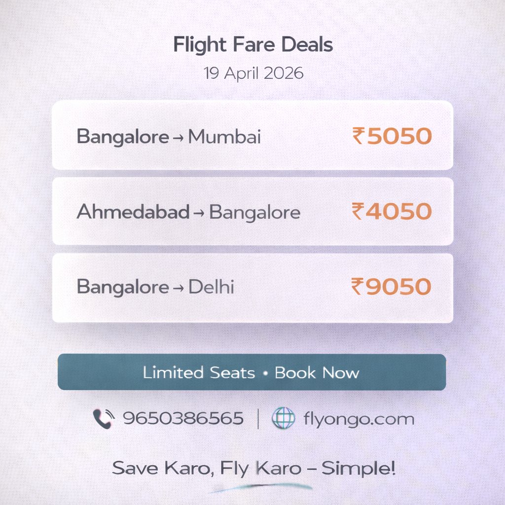 flyongo_travel's tweet image. Bangalore fares update ✈️

Bangalore → Mumbai ₹5050
Ahmedabad → Bangalore ₹4050

Limited inventory ⚠️

#BangaloreFlights #CheapFlights