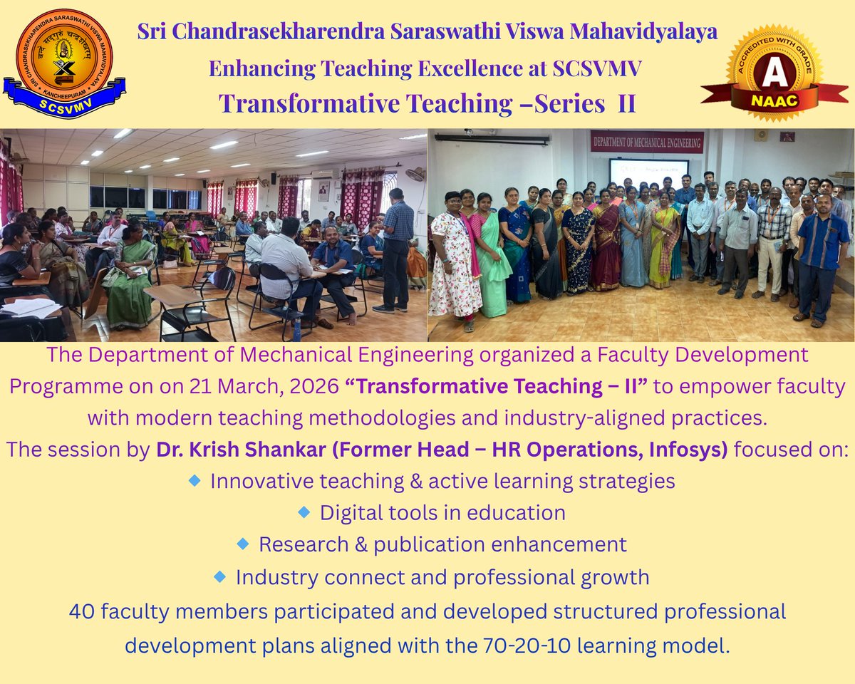 SCSVMVDU's tweet image. Transforming Teaching @ SCSVMV 🎓

FDP on “Transformative Teaching – II” empowered faculty with modern teaching practices, digital tools &amp;amp; industry insights.

#SCSVMV #FDP #TeachingExcellence