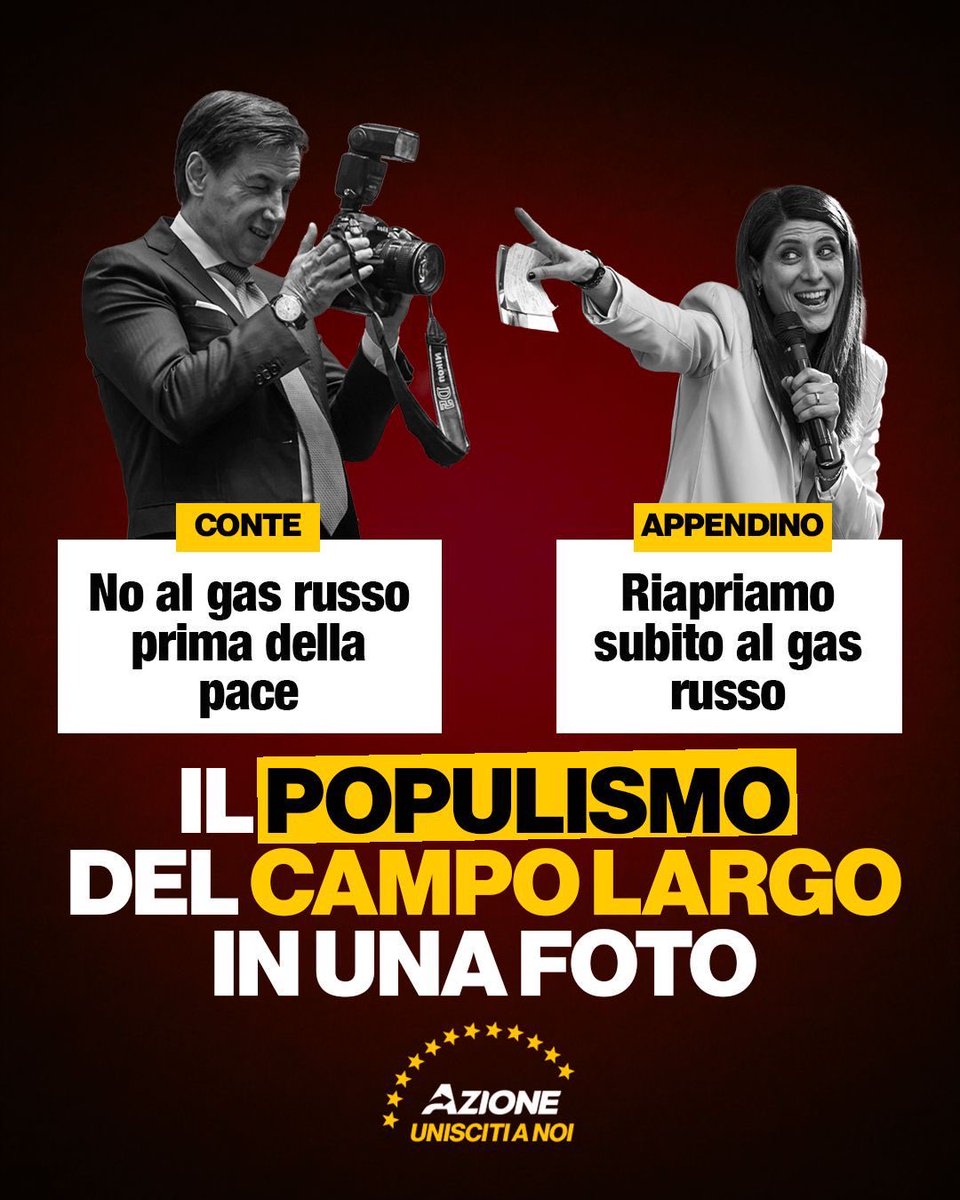 Il 28 marzo Giuseppe Conte diceva: “niente gas russo fino alla pace in Ucraina”. Oggi Chiara Appendino, deputata del M5S dice: “riapriamo subito al gas russo”.

Stesso partito. 30 giorni dopo.
Una volta con l’Ucraina, il giorno dopo con Putin. Una volta europeisti, il giorno dopo