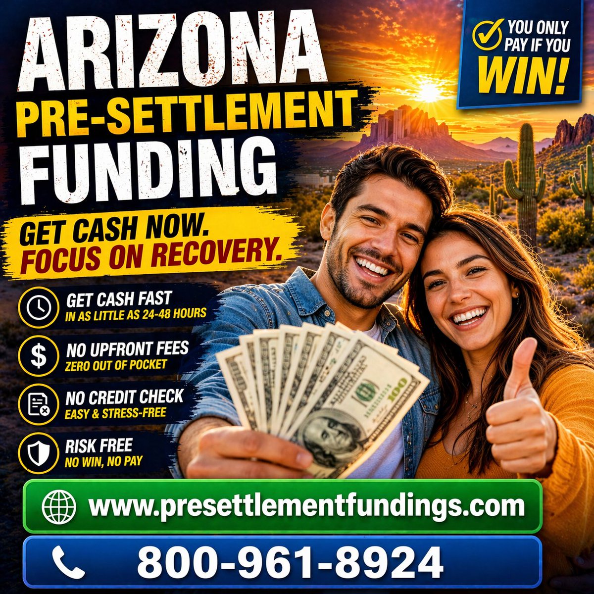 Ecopresettle's tweet photo. 🌵 Injured in Arizona &amp; waiting on your settlement?

Bills don’t wait… why should YOU?

💰 Get CASH BEFORE your case settles
✔ No credit check
✔ No upfront fees
✔ No pay unless you win
👉 Apply now:
 https://t.co/mf3XHROesW
📞 800-961-8924 https://t.co/vYbEu4qPLe