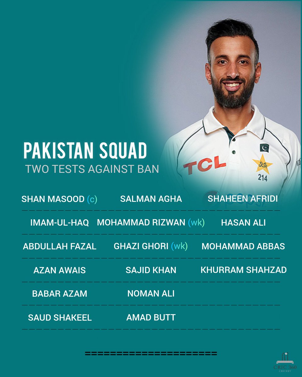 Cric360_Cricket's tweet image. Pakistan's 16-man squad for Bangladesh Tests includes four new players - Fazal, Amad, Awais, and Ghori, with Sarfaraz Ahmed as head coach. 🇵🇰

Shan Masood will retain his leadership role with Asad Shafiq and Umar Gul as coaches.

. 

#BANvsPAK #Pakistan #Bangladesh #testcricket