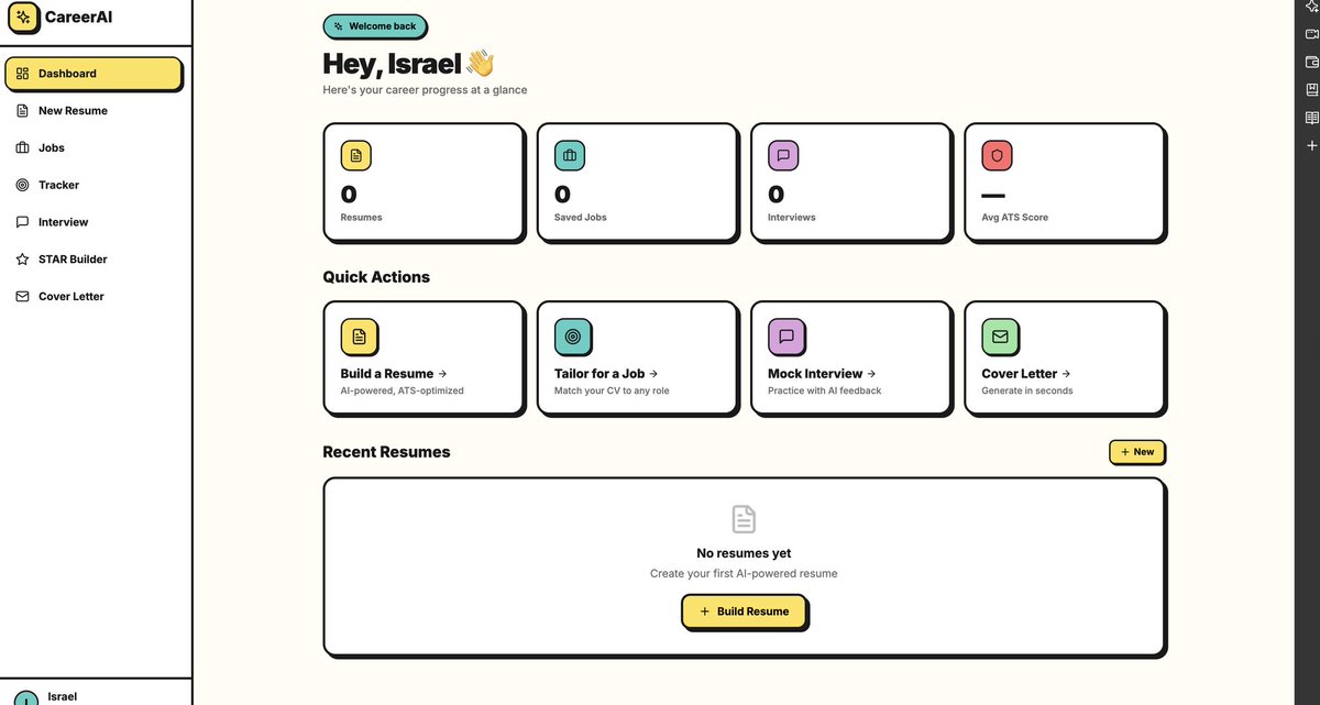 IsraelAdegbulu1's tweet photo. Just shipped CareerAI 🚀

ATS-optimized resumes in seconds. No rewriting. No bot filters.
Builder, ATS auto-fix, smart tailoring, job discovery — AI-powered, market-ready.

Landing an interview shouldn't be a full-time job. @anythingai @buildclub_ https://t.co/adSBTCRrNI
