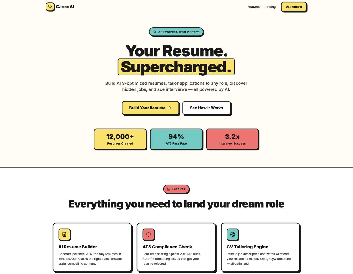 IsraelAdegbulu1's tweet photo. Just shipped CareerAI 🚀

ATS-optimized resumes in seconds. No rewriting. No bot filters.
Builder, ATS auto-fix, smart tailoring, job discovery — AI-powered, market-ready.

Landing an interview shouldn't be a full-time job. @anythingai @buildclub_ https://t.co/adSBTCRrNI