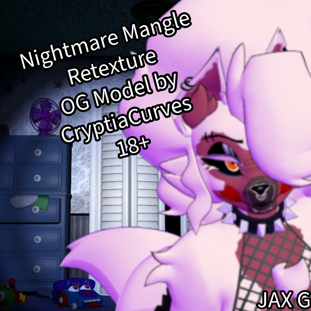 JaxterAfterDark's tweet image. Nightmare Mangle Retexture Release 

OG Model by @CryptiaCurves 

Link- ko-fi.com/s/fc12afcdd9?p…

#Cryptiacurves #Fazclaires #FazclairesNightClub #FNC #FurryNSFW