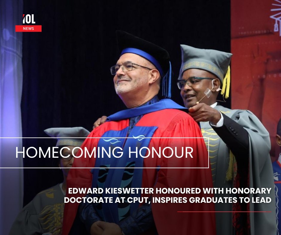 IOL's tweet photo. Kieswetter receives honorary doctorate from CPUT as outgoing SARS commissioner, marking a full circle journey from apprentice to leader during Autumn Graduation ceremony celebrating over 9,200 graduates in Cape Town. 
#CPUT #EdwardKieswetter #SARS #AutumnGraduation #HonoraryDoctorate #CapeTown 
Read more here: https://t.co/vVfWeHCXQJ