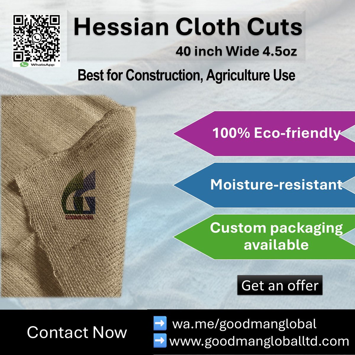 Goodman_Global's tweet image. 40-Inch 4.5oz Hessian Jute Fabric 

👉 wa.me/goodmanglobal 👉 goodmangloballtd.com 👉 @Goodman_Global

Perfect for construction, packaging &amp;amp; decor. Breathable &amp;amp; biodegradable—a smart, sustainable choice.

#jutefabric #ecofriendly #sustainable #hessian