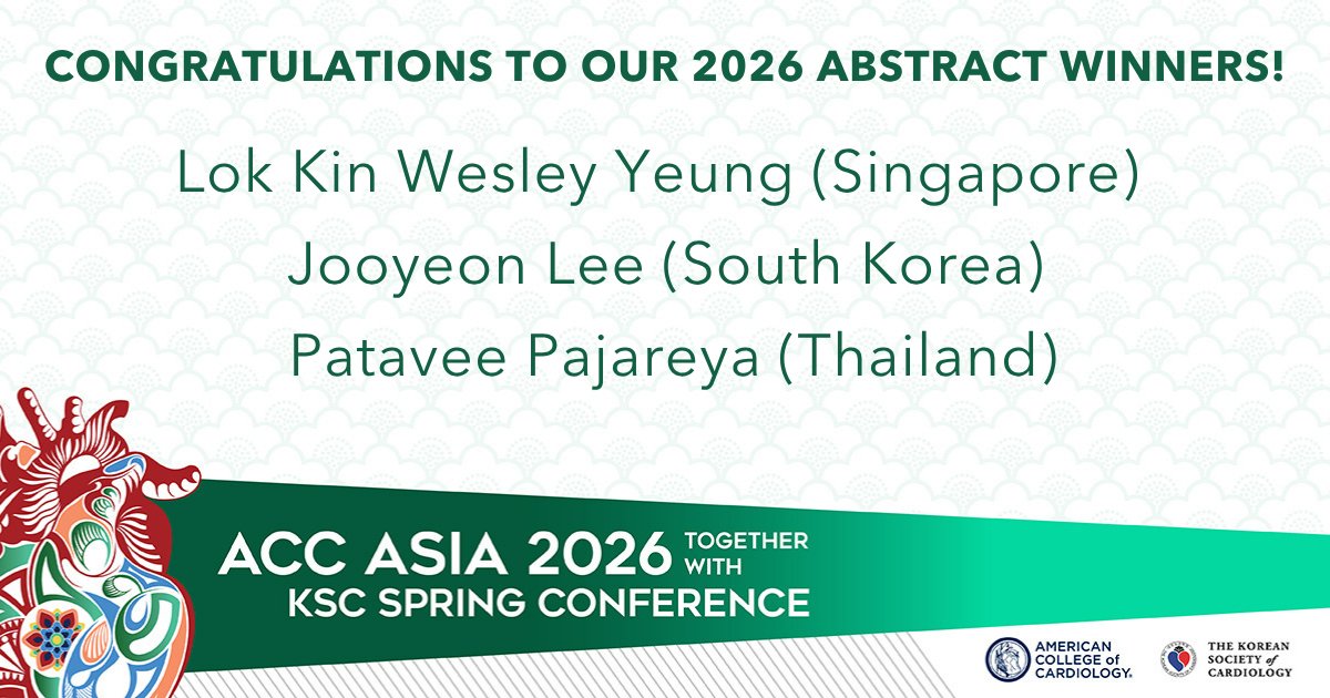 ACCinTouch's tweet photo. Congratulations to our 2026 #ACCAsia Abstract Award Winners for their outstanding presentations. π
See you at #ACC27-#WCCardio! #ACCIntl https://t.co/Ld4HocO5GT