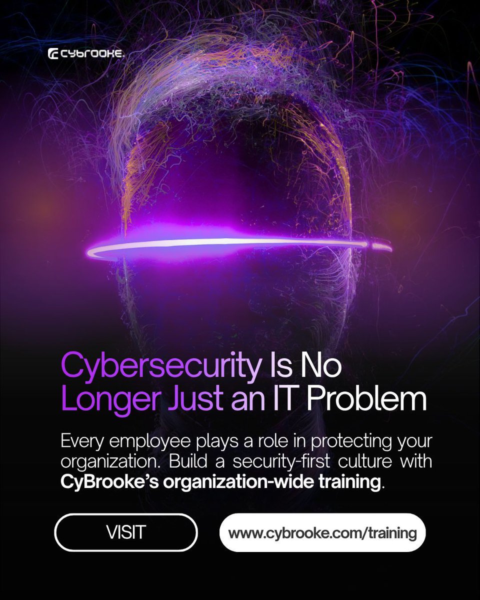 cybrookeltd's tweet photo. Cybersecurity isn’t just IT, it’s everyone’s responsibility.
One action can protect or expose your organization.
Build a security-first culture with CyBrooke.
Visit https://t.co/n5iNfyVeFC to get started!

#CyberSecurity #SecurityCulture #CyberAwareness #CyBrooke https://t.co/wdXvrKDzxf