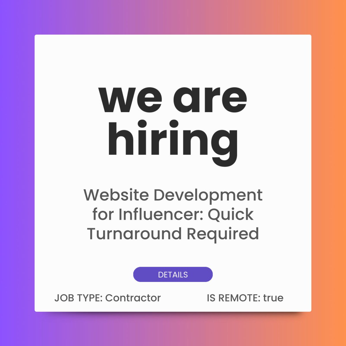 hirewitharfeen's tweet image. Job Title: Website Development for Influencer: Quick Turnaround Required
Location: , , US
Job Posted: 04/18/2026
Apply Link: clik.link/q2w10hfa
Request Job Here: rb.gy/it88gs

#NowHiring #JobOpening #JobVacancy #Hiring #JobAlert