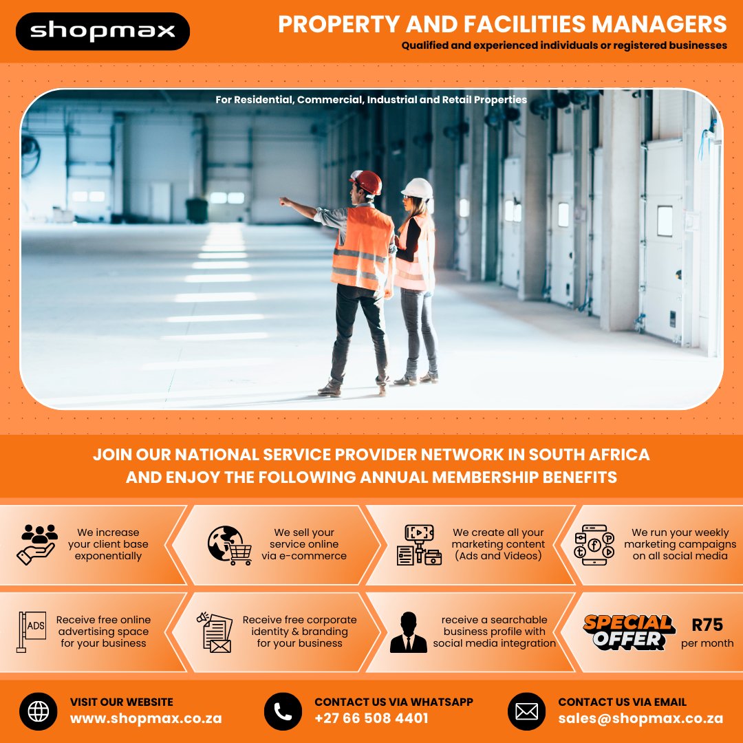 SHOPMAX6's tweet image. 🏢 Property &amp;amp; Facilities Managers — grow your portfolio nationwide
Join the Shopmax SPN
👉 shopmax.co.za/sell_your_prof…
#PropertyManagement #FacilitiesManagement #Shopmax