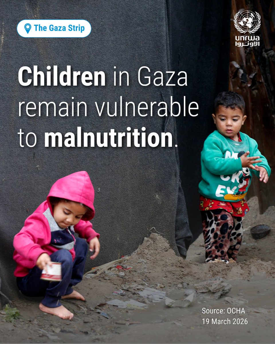 UNRWA's tweet image. In #Gaza, rising energy prices are limiting access to fuel, food and basic needs.  

In February 2026 alone, UNRWA treated more than 3,700 children under five for malnutrition. 

#UNRWAworks to detect and treat malnutrition early, and support healthy feeding practices, but we