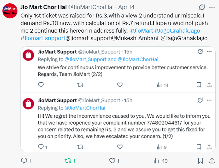 JioMartChorHai's tweet image. @jiomart_support
@Mukesh_Ambani_

And the blunder continuous unabated days, after weeks, after may be a month now! :) Shamless #JioMart and its #CustomerSupport.

#JagoGrahakJago #Jiomart_support #RIL #SandeepVaraganti