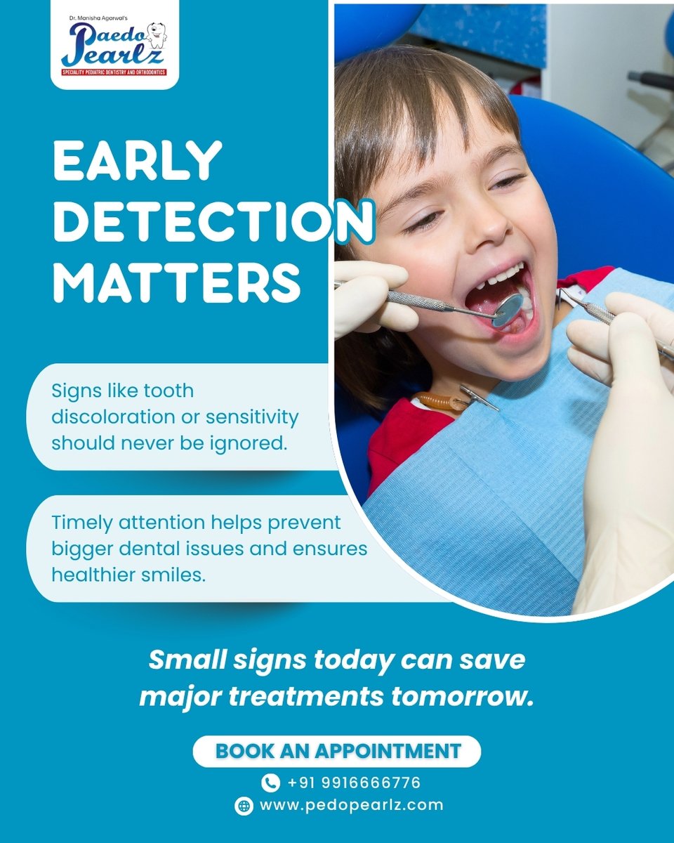 Paedopearlzden's tweet image. Early signs like discoloration or sensitivity shouldn’t be ignored. Timely attention prevents bigger issues. 📷 pedopearlz.in

.

#PaedoPearlz #EarlyDetection #DentalCare