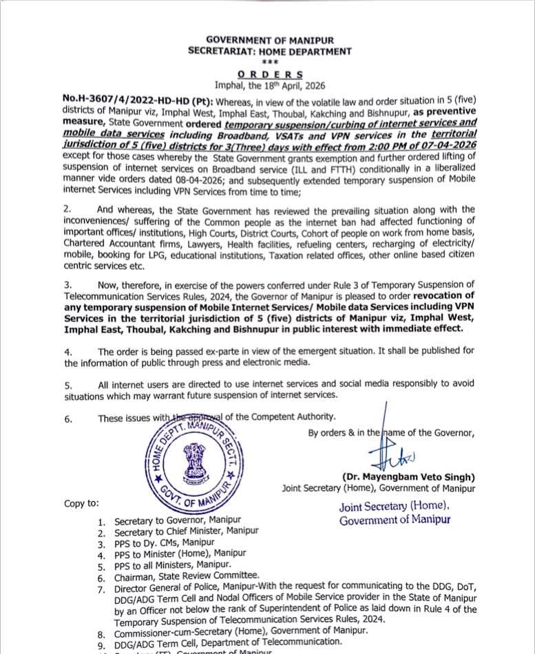 Manipur_Timez's tweet image. 📍Suspension of Mobile internet services including VPN services in 5 valley districts of Manipur  lifted.

#manipur #internetban #uplift #valleydistrict