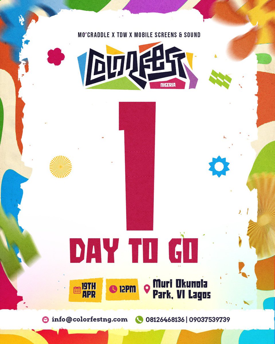 ColorFest_ng's tweet photo. Tomorrow, we wear clothes that don’t matter to play with colors 🎨 we would’ve been punished for when we were kids and listen to high energy music 🎶 that never stops 

April 19th | Muri Okunola Pk | 12 PM 

🔗 https://t.co/vJECsBf69e 

#ColorFestNG https://t.co/jynFZAtIIY