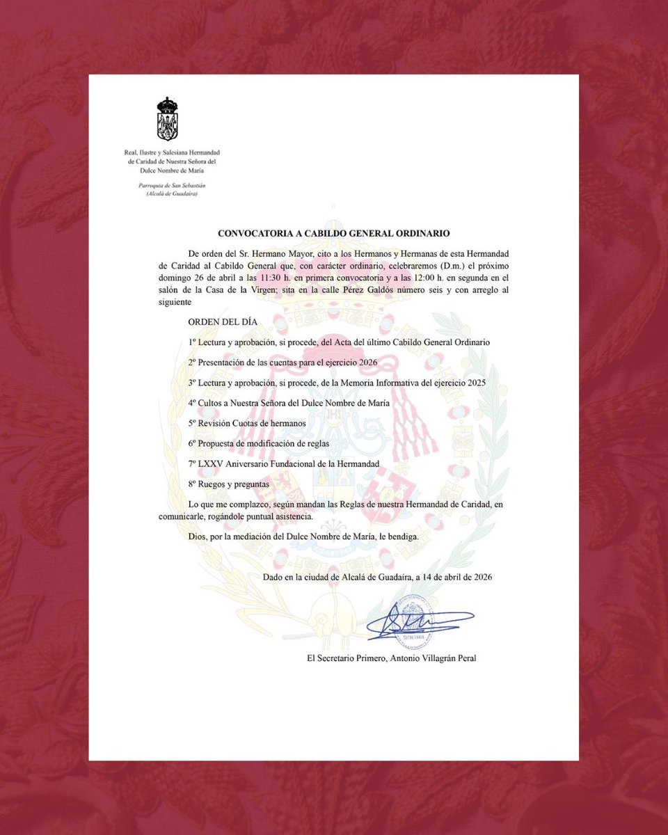𝐂𝐀𝐁𝐈𝐋𝐃𝐎 𝐆𝐄𝐍𝐄𝐑𝐀𝐋 𝐎𝐑𝐃𝐈𝐍𝐀𝐑𝐈𝐎

El próximo domingo 26 de abril el Cabildo General de esta Hermandad de Caridad a las 11:30 horas en la Casa de la Virgen.

#Charitas #DulceNombre
