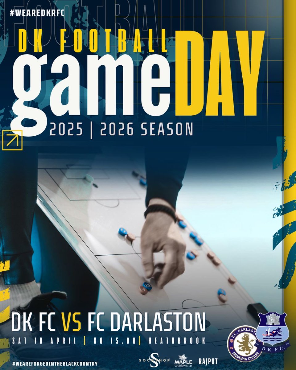 DKFootballClub's tweet photo. 📣 It’s game day…

🆚 FC Darlaston
🗓️ Saturday 18th April
⏰ 15.00 KO
📍Heathbrook

@sockshopuk @rajputwallheath @mapleworkwear #DKFC https://t.co/s3hch4SI9h