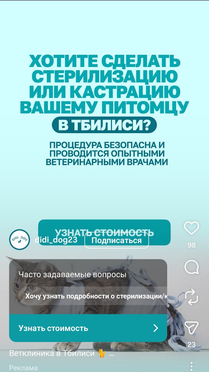 На словах: ХОТИТЕ СДЕЛАТЬ СТЕРИЛИЗАЦИЮ? Честно отвечаю: хочу! Вижу: Тбилиси - это ж ещё ехать надо🫩 
... ПИТОМЦУ 😑 😞