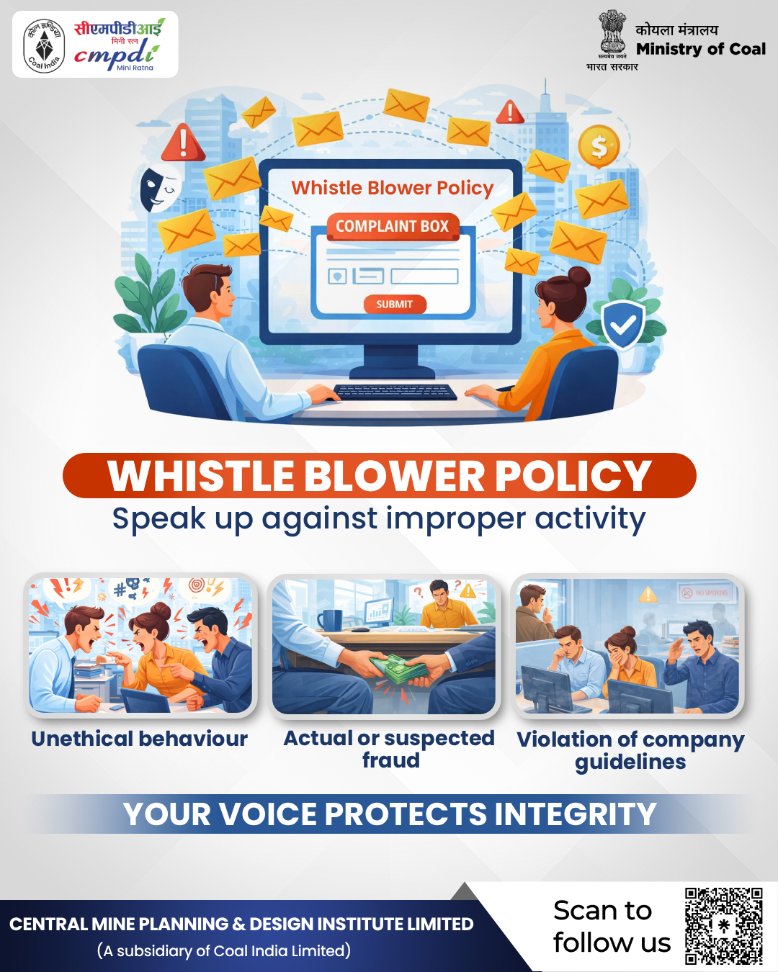 cmpdil's tweet image. Whistle Blower Policy encourages employees to raise concerns and uphold organisational integrity.

@kishanreddybjp  @satishdubeyy 
@CoalMinistry  @CoalIndiaHQ 
#CMPDI #CIL #mining #sustainability